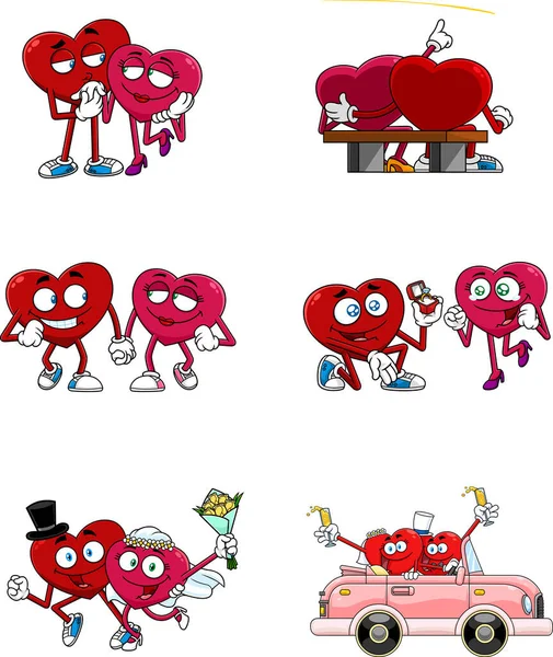 Serie Personajes Dibujos Animados Corazones Rojos Vector Colección Conjunto Aislado — Archivo Imágenes Vectoriales