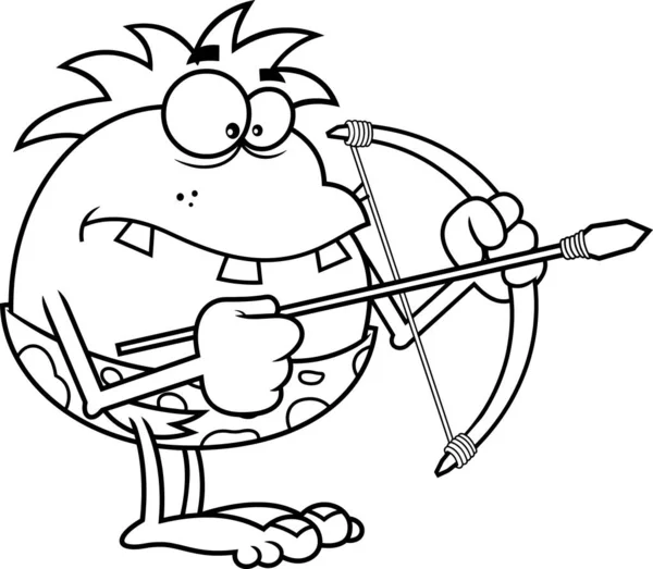 Funny Caveman Cartoon Character Bow Arrow While Aiming Vector Hand — Stock Vector