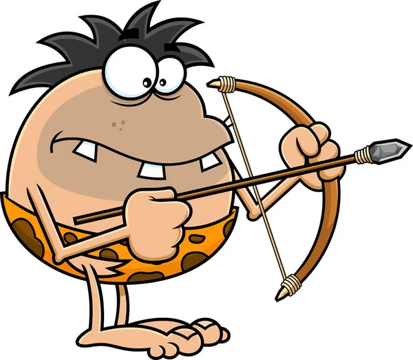 재미있는 Caveman Cartoon Character Bow Arrow While Aiming 사기꾼은 바탕에 — 스톡 벡터