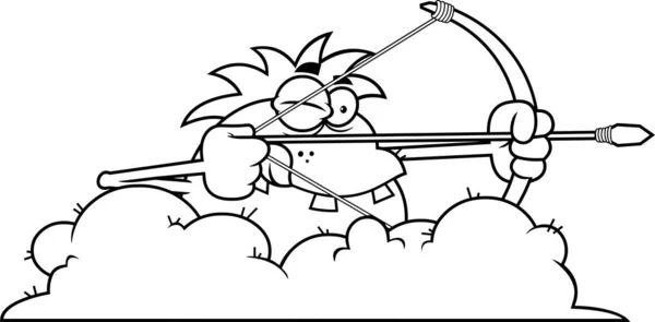 재미있는 Caveman Cartoon Character Bow Arrow While Aiming 사기꾼은 바탕에 — 스톡 벡터