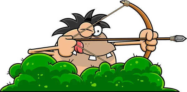 재미있는 Caveman Cartoon Character Bow Arrow While Aiming 사기꾼은 바탕에 — 스톡 벡터