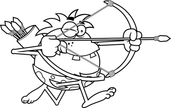 재밌는 Caveman Cartoon Character Running Bow Arrow While Aiming 사기꾼은 — 스톡 벡터