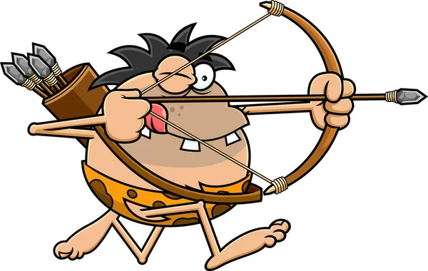 Funny Caveman Cartoon Character Running Bow Arrow While Aiming Vector — Stock Vector