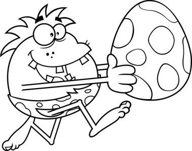 Büyük Yumurtayla Koşan Aç Mağara Adamı Çizgi Filmi Karakteri. Vektör El Çizimi Resimleri Beyaz Arkaplanda İzole Edildi