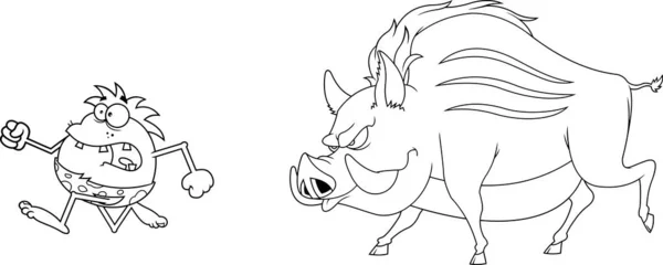 Outlined Scared Caveman Escape Angry Giant Wild Boar Cartoon Characters — 스톡 벡터