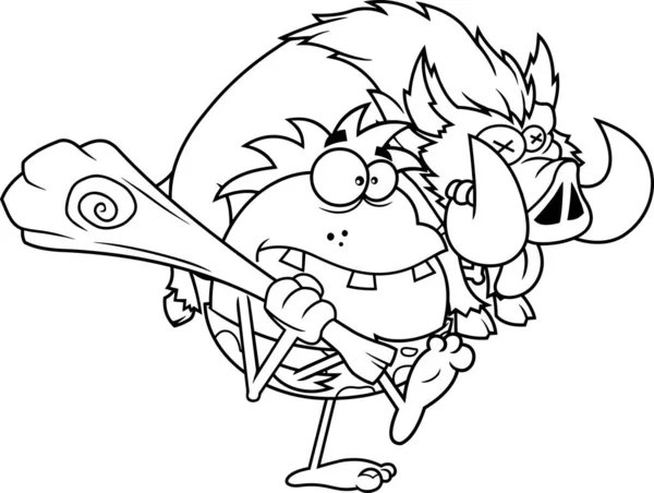 Umrissene Caveman Cartoon Figur Mit Keule Tragendem Wildschwein Vector Hand — Stockvektor