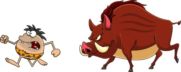 Scared Caveman Escape Angry Giant Wild Boar Cartoon Characters Vector — Stock Vector