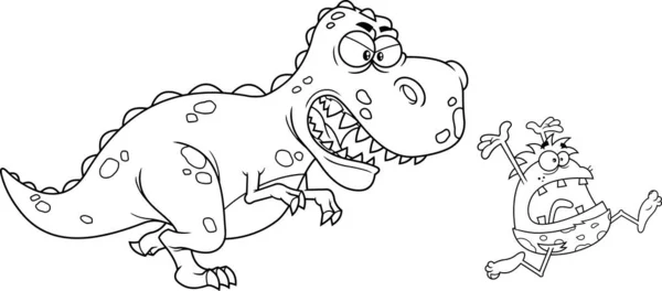Umrissene Wütende Dinosaurier Auf Der Jagd Nach Einem Höhlenmenschen Cartoon — Stockvektor
