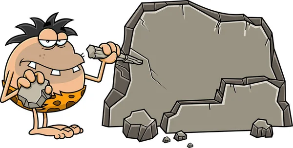 Caveman Personagem Dos Desenhos Animados Pronto Para Escrever Rock Blank — Vetor de Stock
