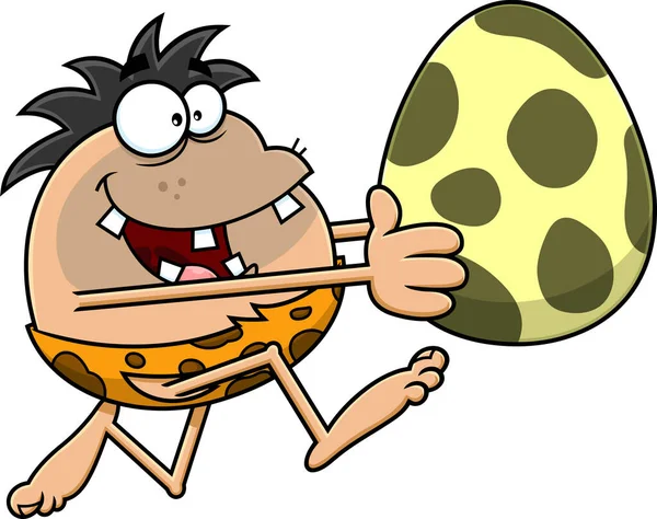 Hungry Caveman Cartoon Character Running Big Egg Inglés Ilustración Dibujada — Vector de stock