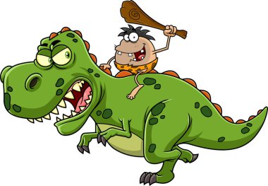 Dinozor çizgi film karakteri ile ana hatları çizilmiş mağara adamı. Vektör El Çizimi Resimleri Beyaz Arkaplanda İzole Edildi