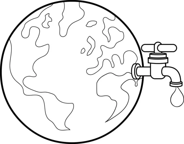 卡通地球地球与水龙头和水滴 手绘图解分离于白色背景 — 图库矢量图片