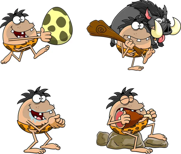 Cartoon Characters Hand Drawn Collection Set Funny Caveman Isolated White — Stock Vector