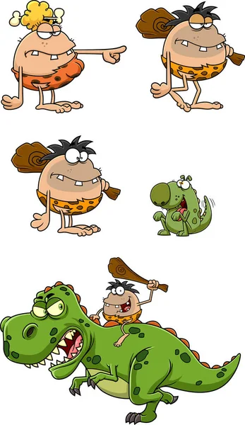 Personagens Desenhos Animados Conjunto Coleção Desenhada Mão Com Caveman Engraçado — Vetor de Stock