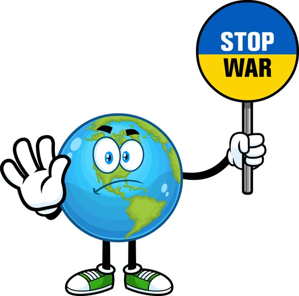 Globo Tierra Personaje Dibujos Animados Sosteniendo Una Señal Stop War — Vector de stock