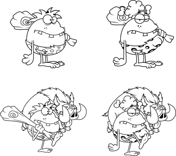Outlined Caveman Cartoon Characters Vector Hand Drawn Collection Set Isolated — 스톡 벡터