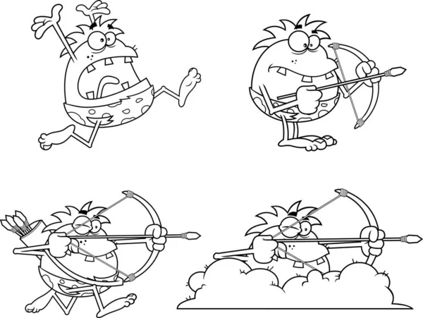 Outlined Caveman Cartoon Characters Vector Hand Drawn Collection Set Isolated — Archivo Imágenes Vectoriales