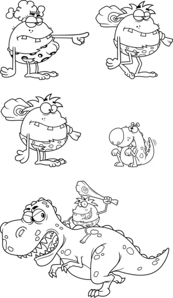 Outlined Caveman Cartoon Characters Vector Hand Drawn Collection Set Isolated — Stockvektor