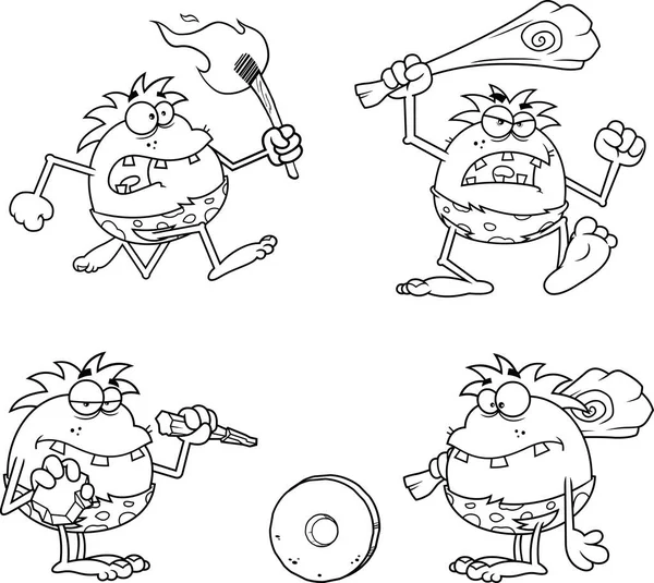 Outlined Caveman Cartoon Characters Vector Hand Drawn Collection Set Isolated —  Vetores de Stock