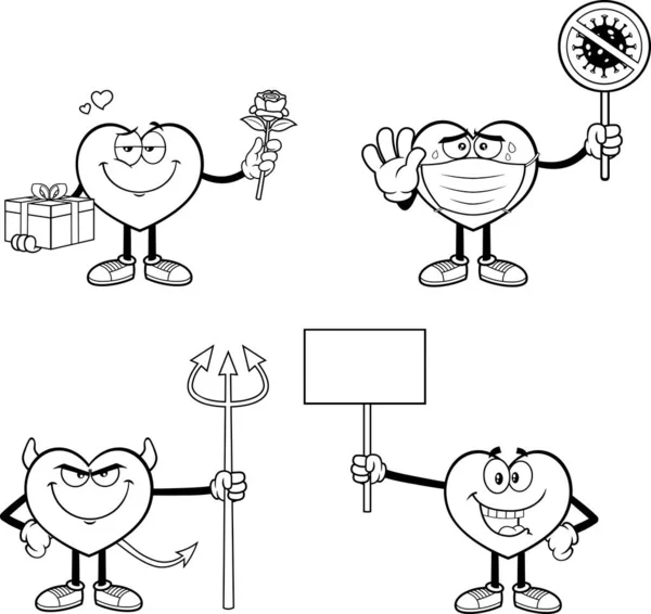 Outlined Heart Cartoon Character Series Vector Collection Set Isolated White — Vetor de Stock