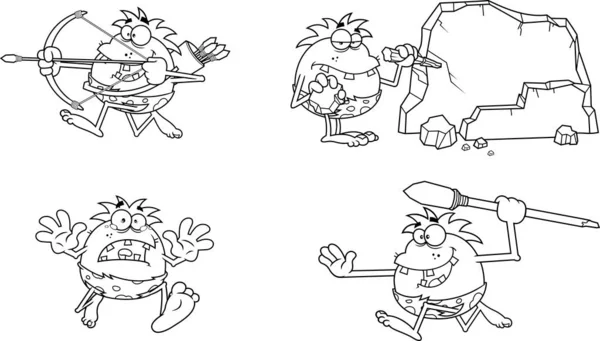 Outlined Caveman Cartoon Characters Vector Hand Drawn Collection Set Isolated — Stockový vektor