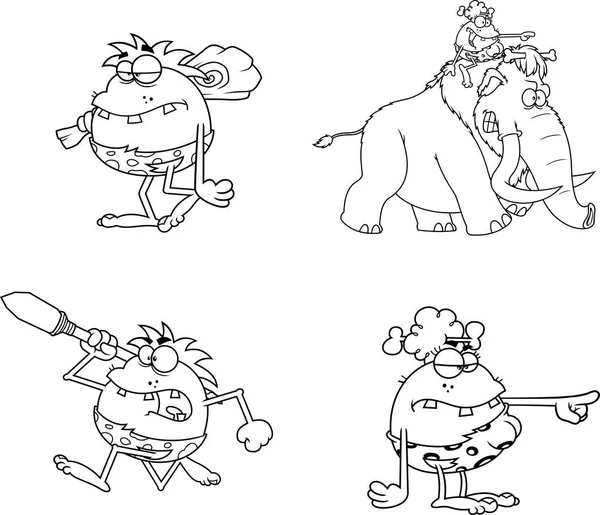 Outlined Caveman Cartoon Characters Vector Hand Drawn Collection Set Isolated — стоковый вектор