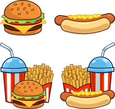 Fast Foods çizgi filmi. Raster Hand Koleksiyon Seti Beyaz Arkaplanda İzole Edildi