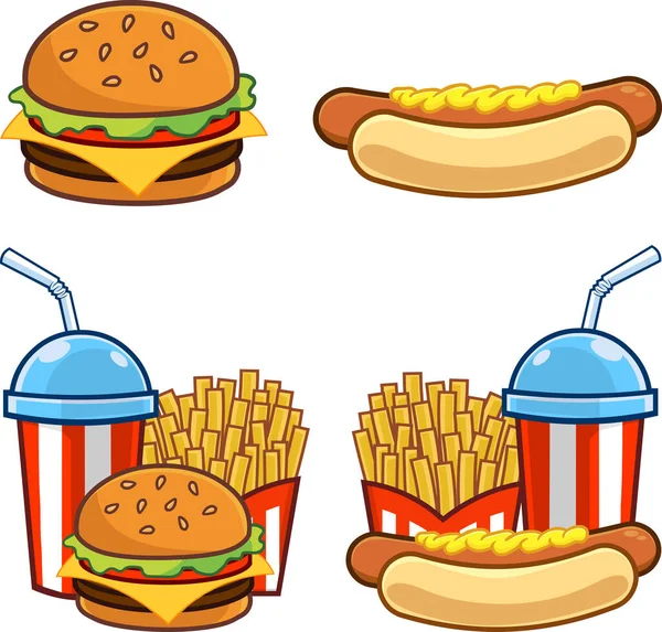 Cartoon Fast Foods Ban Raster Kézzel Rajzolt Kollekció Készlet Elszigetelt — Stock Vector