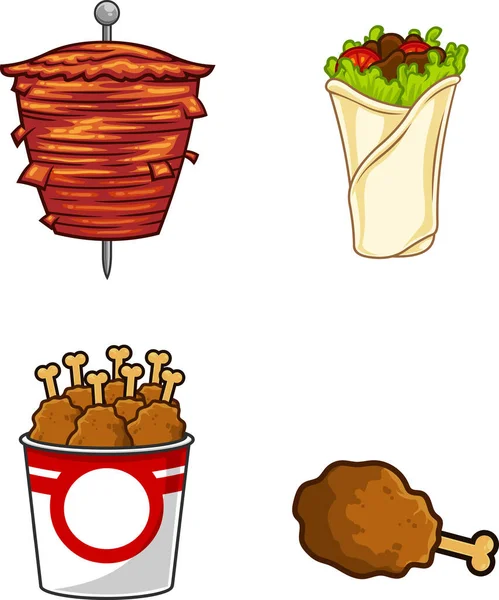 Cartoon Fast Foods Raster Hand Drawn Collection Set Isolated White — Stock vektor