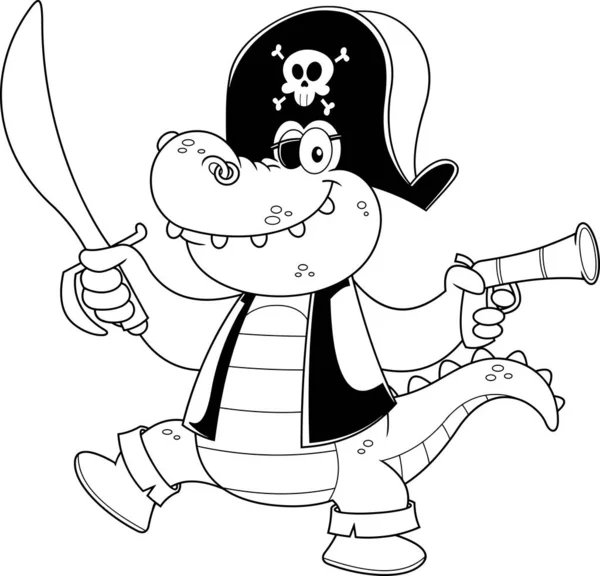 Pirate Alligator Crocodile Personnage Bande Dessinée Avec Une Épée Pistolet — Image vectorielle