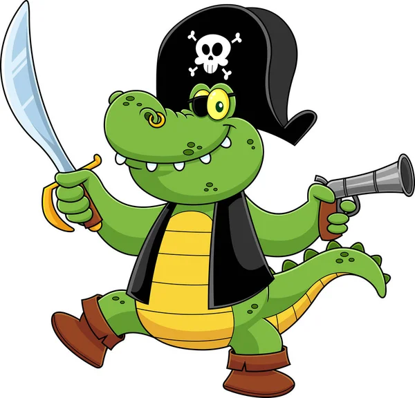 Piratenalligator Krokodil Stripfiguur Met Een Zwaard Een Pistool Vector Hand — Stockvector