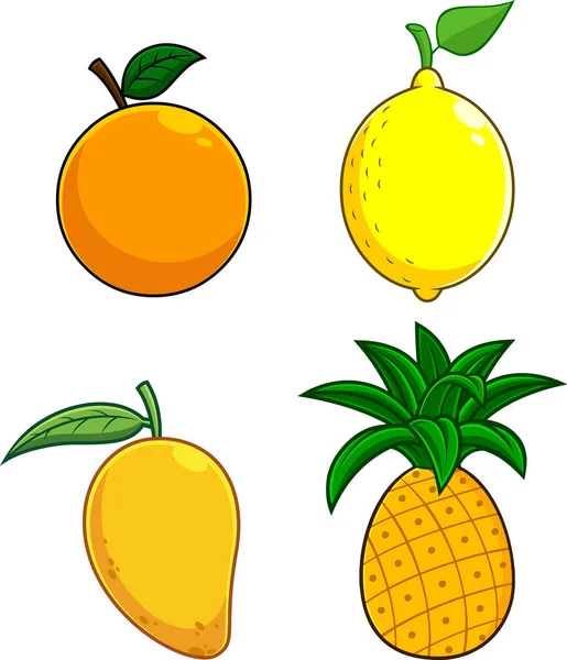 Alimentos Frutas Tropicales Dibujos Animados Vector Conjunto Colección Dibujado Mano — Vector de stock