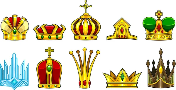 Desenhos Animados Coroas Diferentes Conjunto Coleções Desenhadas Mão Vetorial Isolado — Vetor de Stock