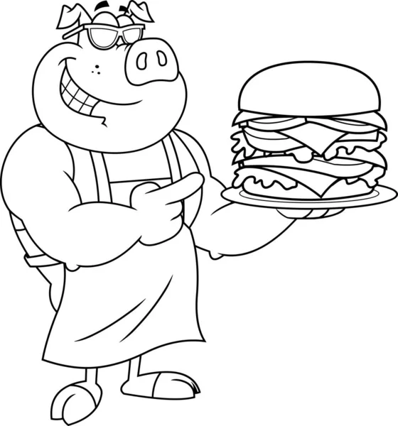 ハンバーガー付きの漫画のシェフのイラストです — ストックベクタ