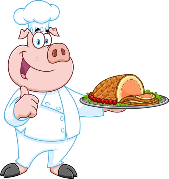 Illustration Chef Porc Avec Plat Viande — Image vectorielle