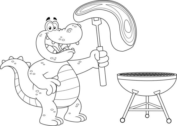 Illustration Cartoon Dragon Chef Meat — Stock vektor