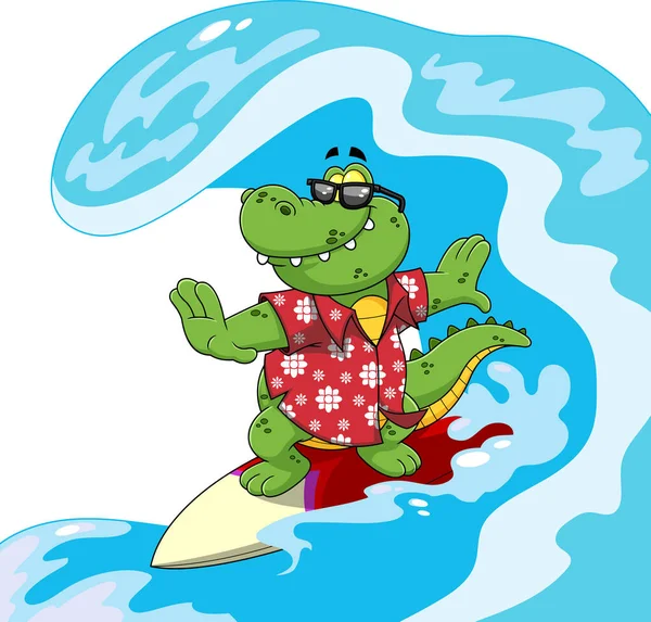 Illusztráció Egy Aranyos Krokodil Szörfözés — Stock Vector