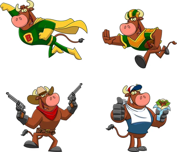 Set Cartoon Bull Character Various Professions — 스톡 벡터