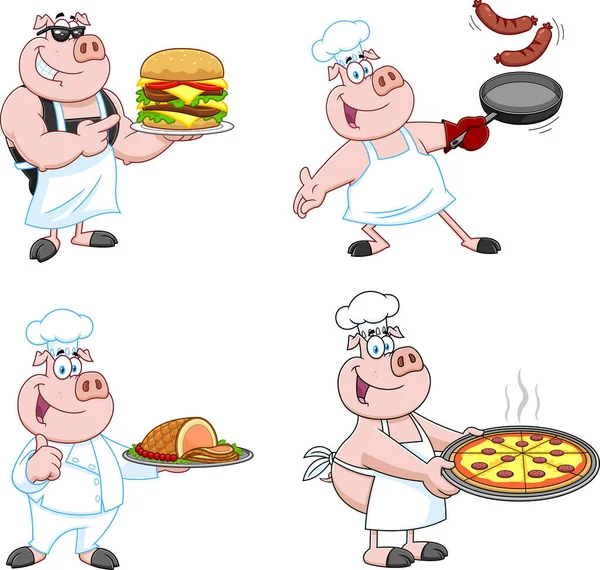 Vector Set Funny Cartoon Character Chef Burger Sausage Hamburger — Stock vektor