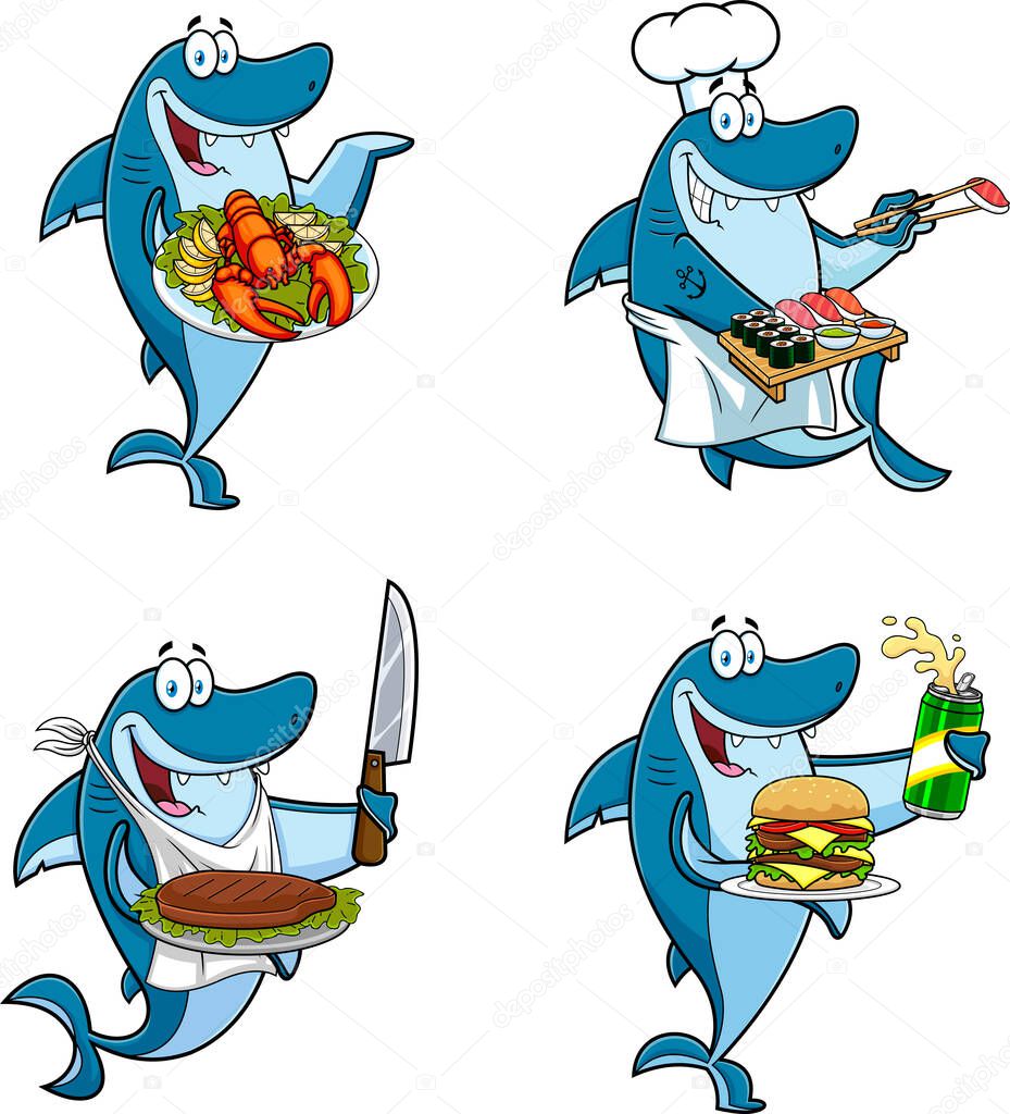 funny cartoon illustration with shark and chef