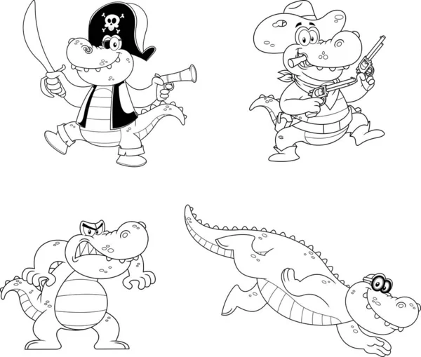 Outlined Alligator Crocodile Cartoon Character Different Poses Raster Hand Drawn — Stockvektor