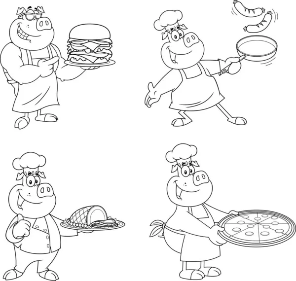 Outlined Funny Chef Pig Cartoon Mascot Characters Raster Hand Drawn — Stock vektor