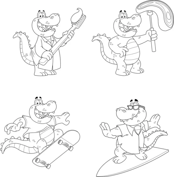 Outlined Alligator Crocodile Cartoon Character Different Poses Raster Hand Drawn — Vettoriale Stock