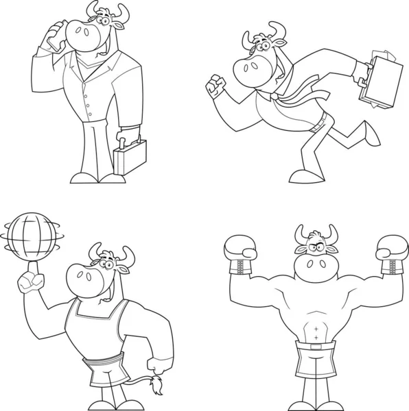 Outlined Bull Cartoon Mascot Character Different Poses Raster Hand Drawn — 스톡 벡터