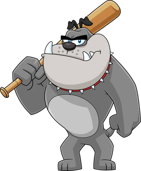 Angry Gray Bulldog Cartoon Character Holding Club Vector Hand Drawn — ストックベクタ