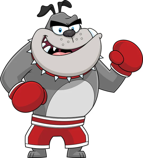 Gray Bulldog Cartoon Character Boxing Champion Red Boxing Shorts Wearing — Vetor de Stock