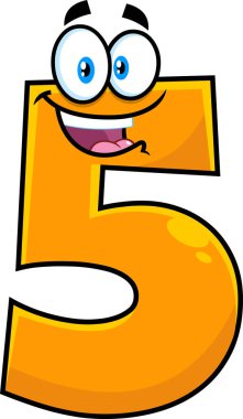 Funny Yellow Number Five 5 Cartoon Character. Raster Illustration Isolated On Transparent Background