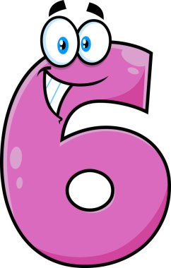 Funny Pink Number Six 6 Cartoon Character. Raster Illustration Isolated On Transparent Background