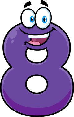 Funny Purple Number Eight 8 Cartoon Character. Raster Illustration Isolated On Transparent Background