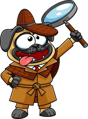 Detective Pug Dog Cartoon Character Looking For Items With A Magnifying Glass. Raster Hand Drawn Illustration Isolated On White Background